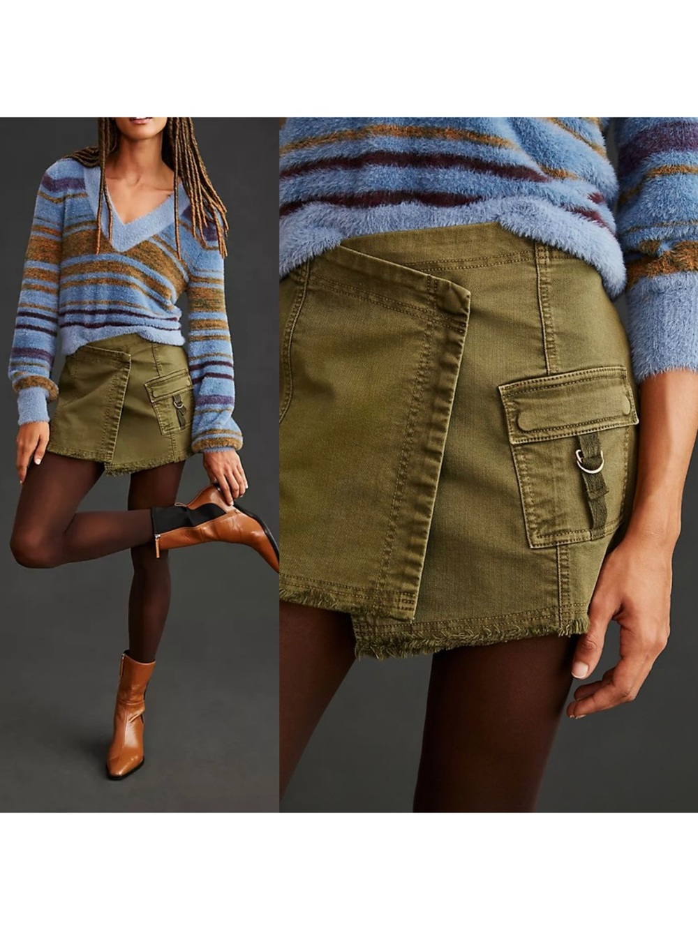 Anthropologie Pilcro Olive Green Utility Cargo Wrap Mini Skirt 6 Grunge Goth Y2K